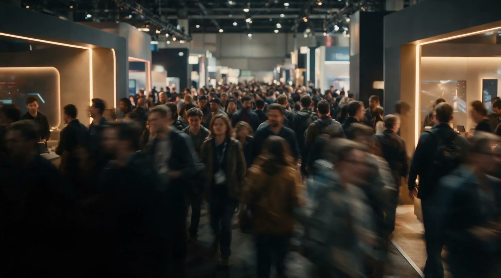 A crowded trade-show aisle, motion and noise