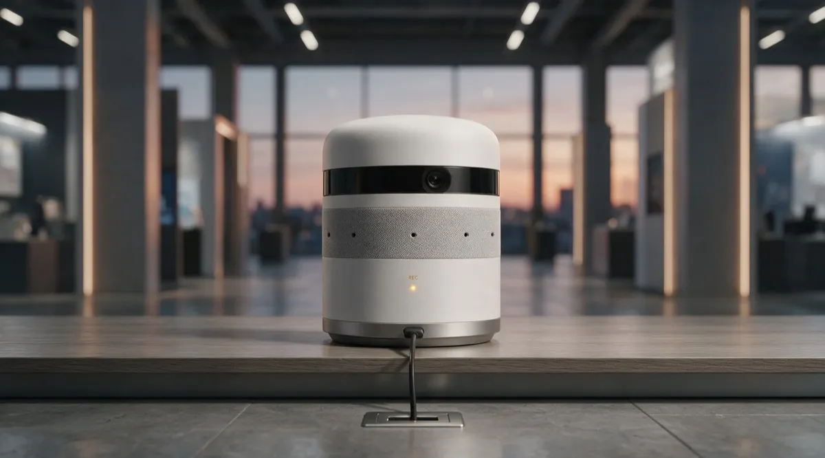 A capture device drawing booth power with nobody near it, because no one has to press anything — AI notetaker start recording